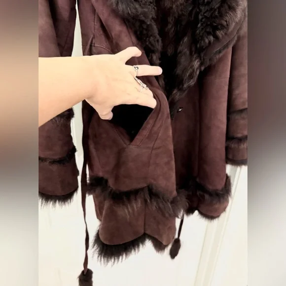 RARE Vintage Suede Shearling HEAVY COAT super warm made in USA Fit & Flare sz L - Picture 12 of 17